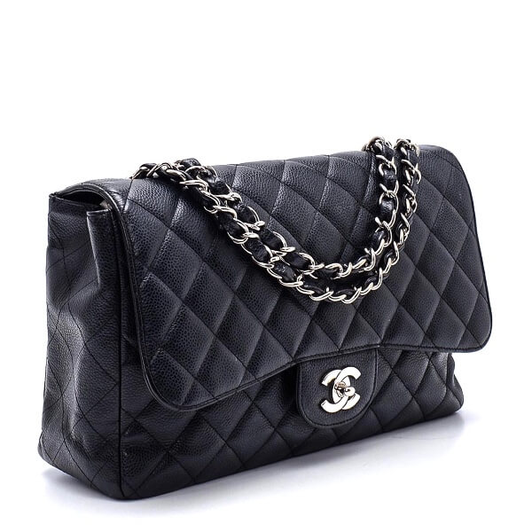 Chanel - Black / Silver Quilted Caviar Leather Single Jumbo Flap Bag